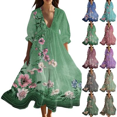 Женское летнее модное платье с V-образным вырезом, ретро цветочным принтом, короткими рукавами, пляжное платье с кружевной отделкой