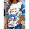 Women's Long Sleeved T-shirt, Winter Warm T-shirt, Animal Cat Digital Printed Pattern, Fashionable Casual T-shirt