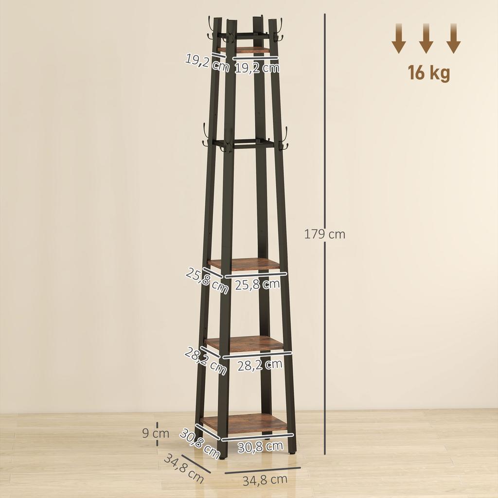 Industrial-Style Four Shelf Coat Stand - Brown/Black