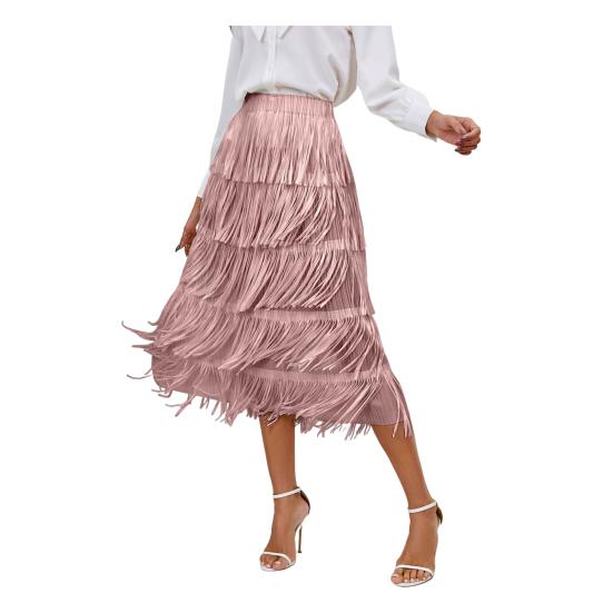 Женская юбка-миди с эластичной резинкой на талии, трапециевидная юбка средней длины с бахромой, однотонная юбка для отдыха, пляжа, путешествий, одежда