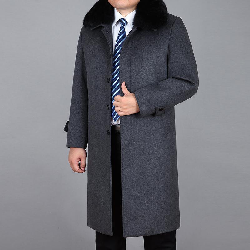 Мужское шерстяное длинное пальто, зимнее кашемировое пальто из натурального кроличьего меха, толстое теплое зимнее мужское полупальто с меховой подкладкой