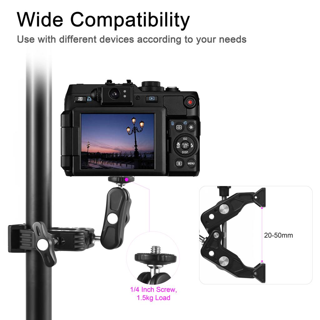 Многофункциональный зажим Super Clamp из алюминиевого сплава с двойной вращающейся на 360 градусов шаровой головкой, винт 1/4 дюйма