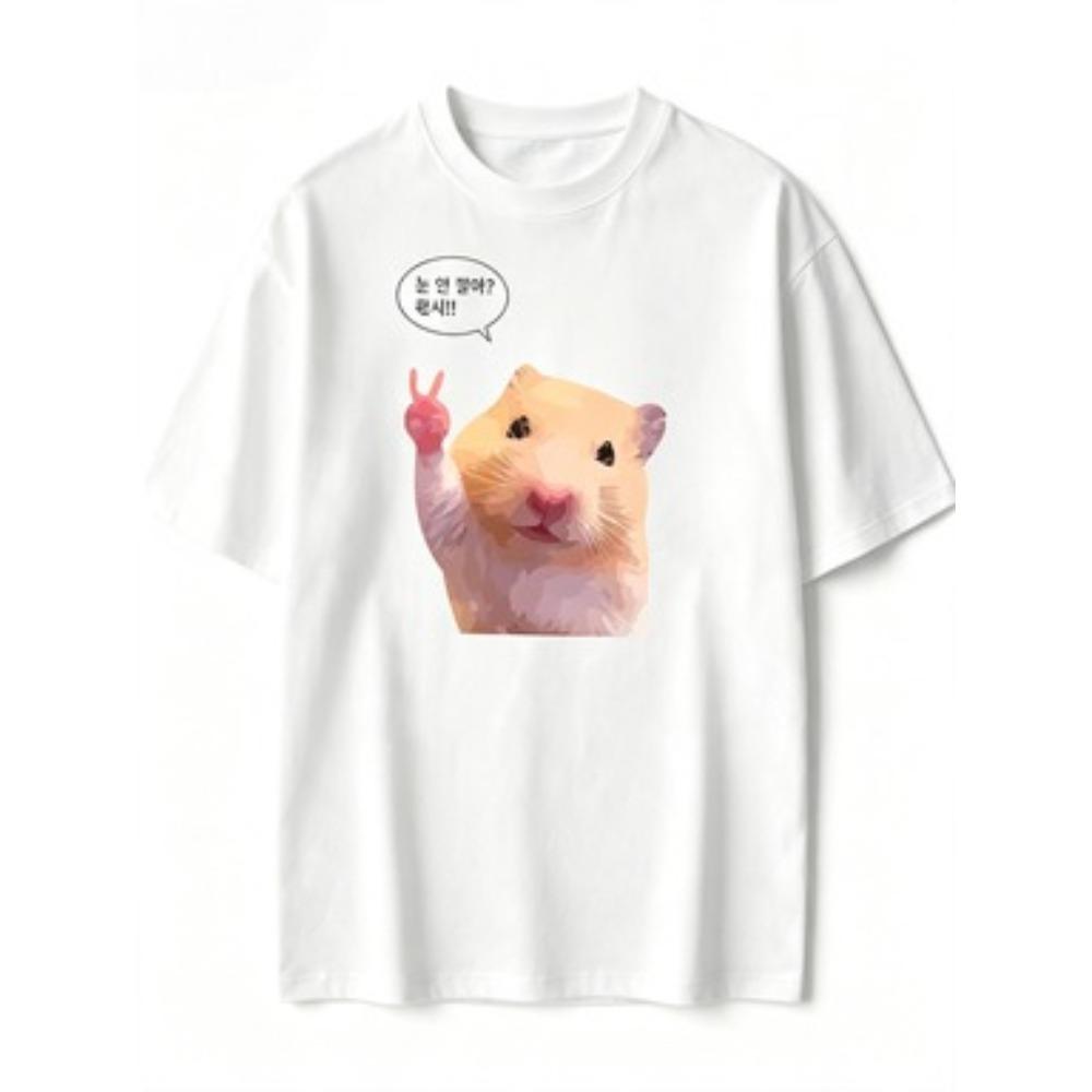 Unisex Summer Cream Short Sleeve Tee Cute Hamster Peace Hand Cartoon Graphic Print Crew Neck Loose Daily Casual Male Fashion Tops
