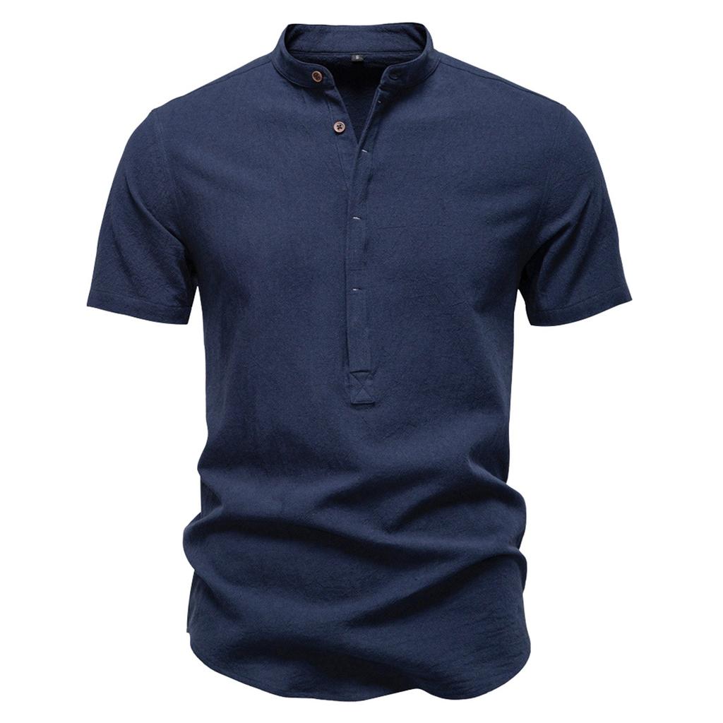 Men's Solid Color Cotton Linen Button Stand Collar Short Sleeve Top Men's Casual Breathable Tops