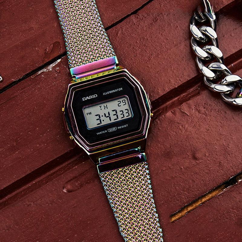 Casio Серия VINTAGE - квадратные ретро металлические маленькие квадратные спортивные часы радужного цвета кварцевый механизм нержавеющая сталь тканевый ремешок японский A1000PRW-1PRD