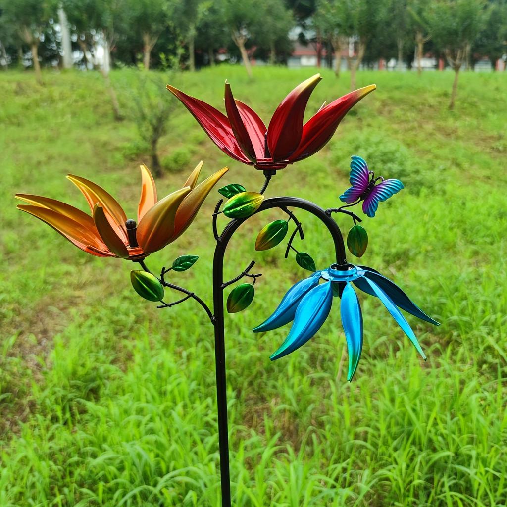 Flower Butterfly Windmill Large Metal Wind Turbine with Three Rotating Flower Butterfly Windmills Decorate Outdoor Courtyard Garden Art Decoration