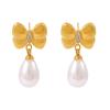 Korean Style Diamond Bow Tassel Faux Pearl Earrings - Women's 18k Gold-Plated Titanium Steel Fashion.