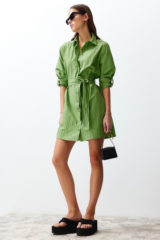 Women's Fashion New Dress Green Belted Fabric Textured Mini Woven Shirt Dress