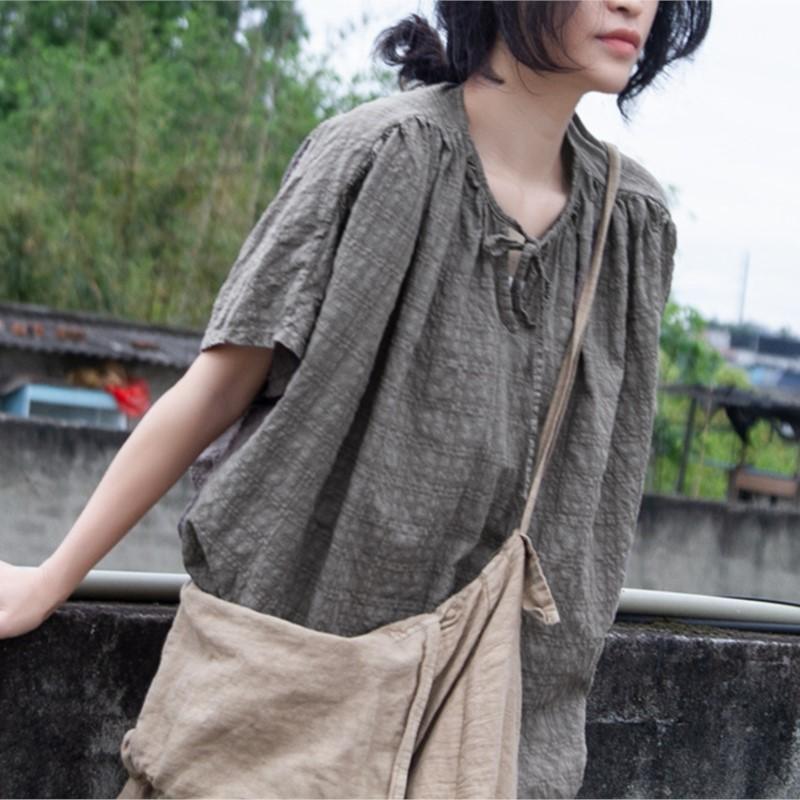 Johnature Women Cotton Linen Summer T-Shirts Plaid O-Neck Short Sleeve Tees Loose Women Clothes T-Shirts