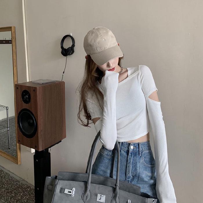 Женский облегающий повседневный топ с длинными рукавами — однотонный и универсальный, с круглым вырезом и ажурной отделкой