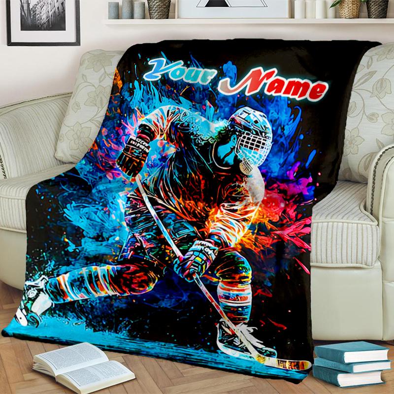 1PC Custom Name "Dynamic Hockey Player Artwork" Flannel blankets Patterns Throw Blanket All-Season Soft Gift for Couch, Bed, Camping gifts