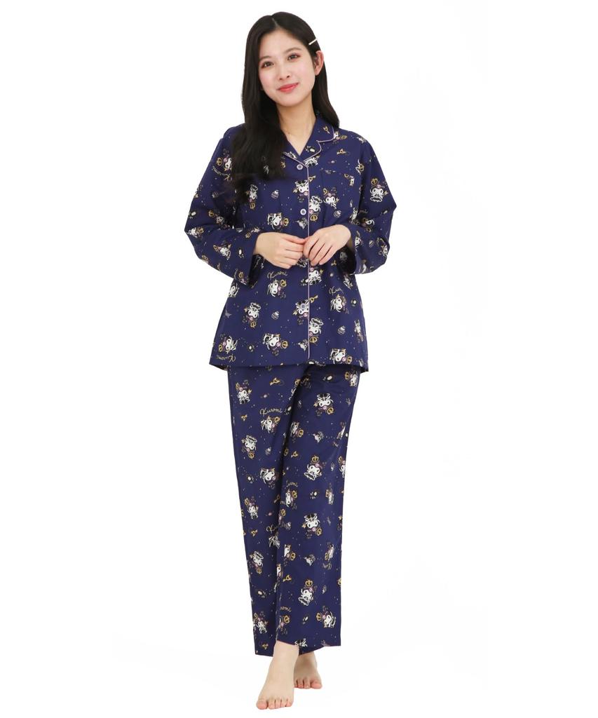 SAZAC Kuromi Shirt Pajamas, 100% Cotton Broadcloth, Women's Long Sleeve and Pants Set, Loungewear (Navy/M/SAN1902)