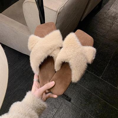 Виноградная мама осень и зима новый темперамент квадратный носок крест-накрест ленивые универсальные леопардовый принт плоская подошва пушистые туфли женские хлопковые тапочки