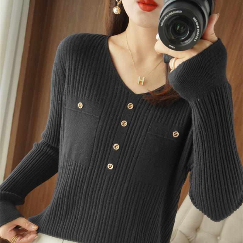 Women V Neck Long Sleeve Basic Knit Pullover Sweater