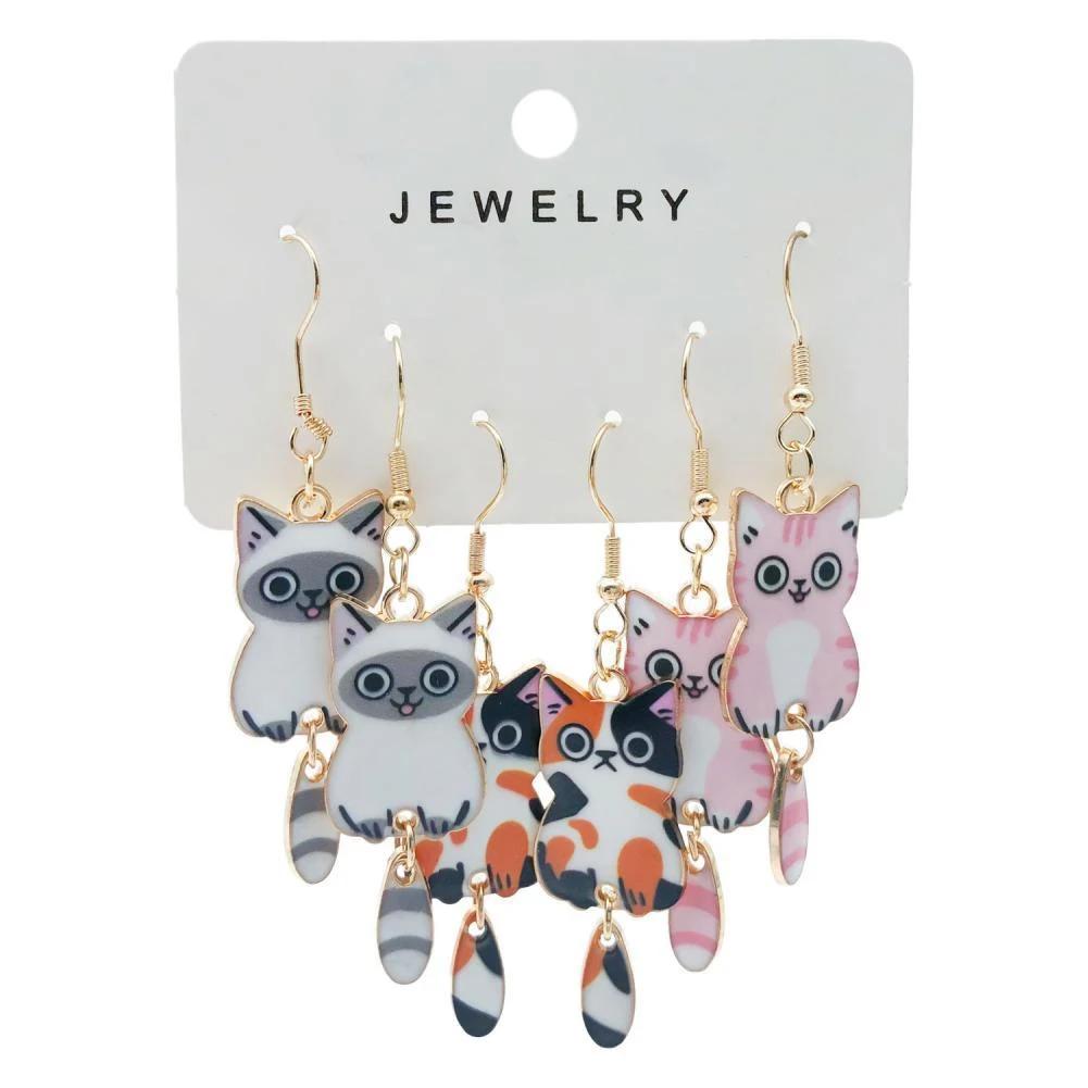 3 Pairs Fun and Cute Enamel Alloy Hanging Tail Cat Dangle Earrings Colored Cat Ear Jewelry Set Lovely Gift for Women Girls