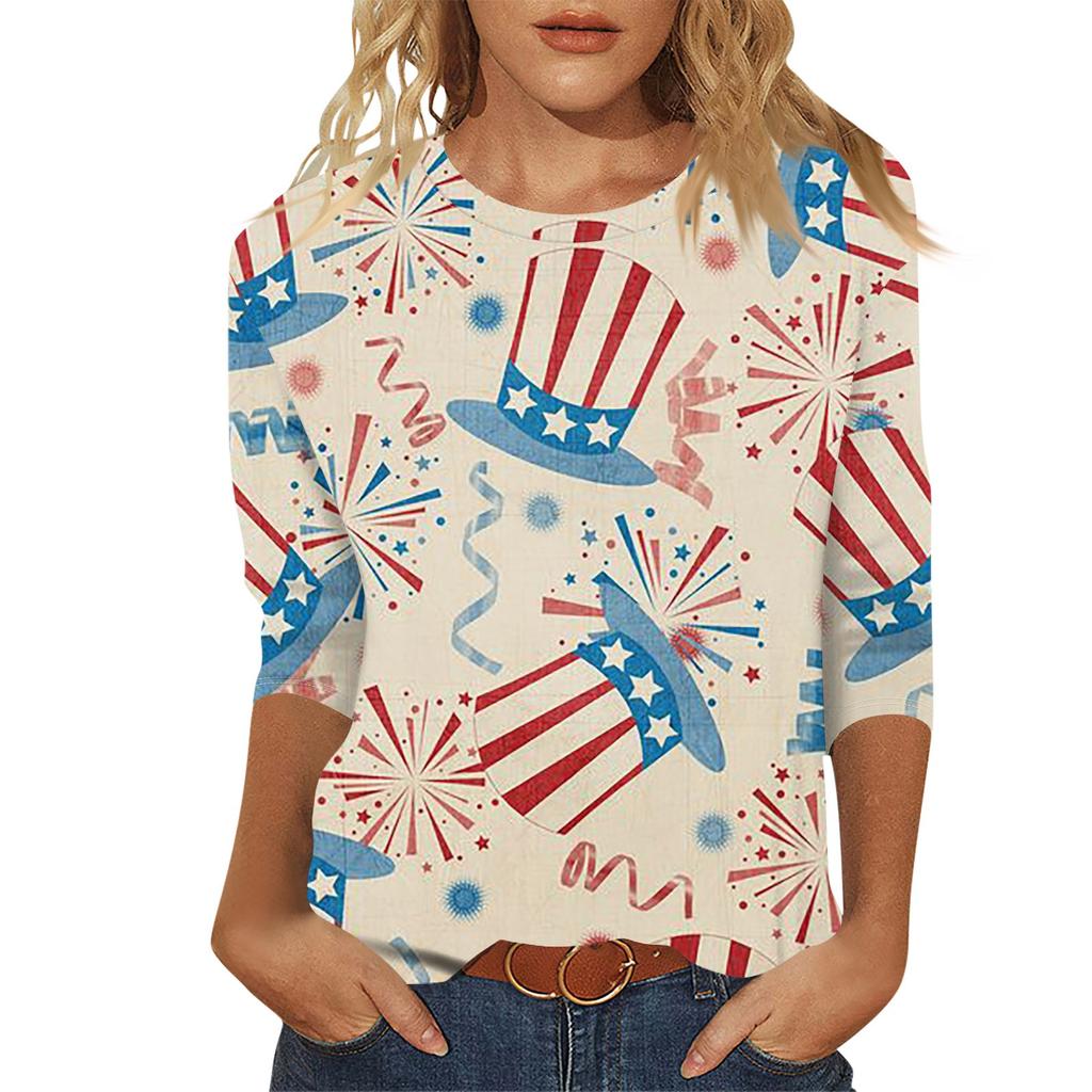 Women's 3/4 Sleeved Shirt Holiday Top Independent Day Pattern T-shirt Casual Basic Top Pullover
