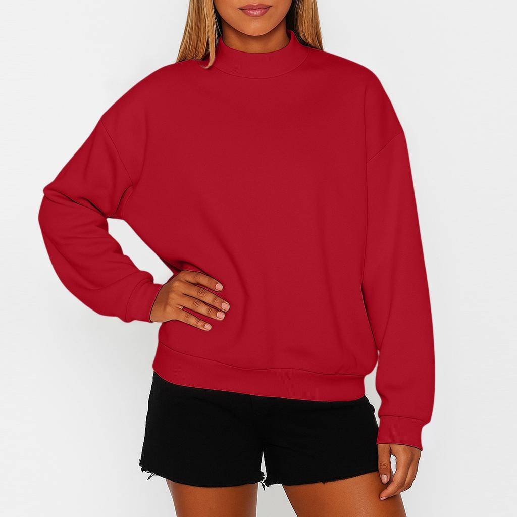 Women's Solid Color Fleece Sweatshirt With A Small High Neck And Loose Fit
