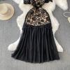 Summer Women Elegant Square Collar Embroidery Flower Lace Mesh Patchwork Long Maxi Slim Bodycon Party Dresses