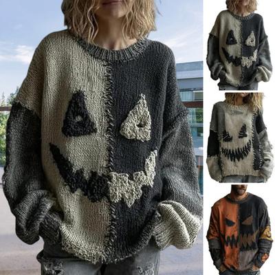 Хэллоуинский свитер с жутким лицом для женщин, трикотажный топ с принтом пэчворк, с длинным рукавом и круглым вырезом, с прострочкой, осенний наряд