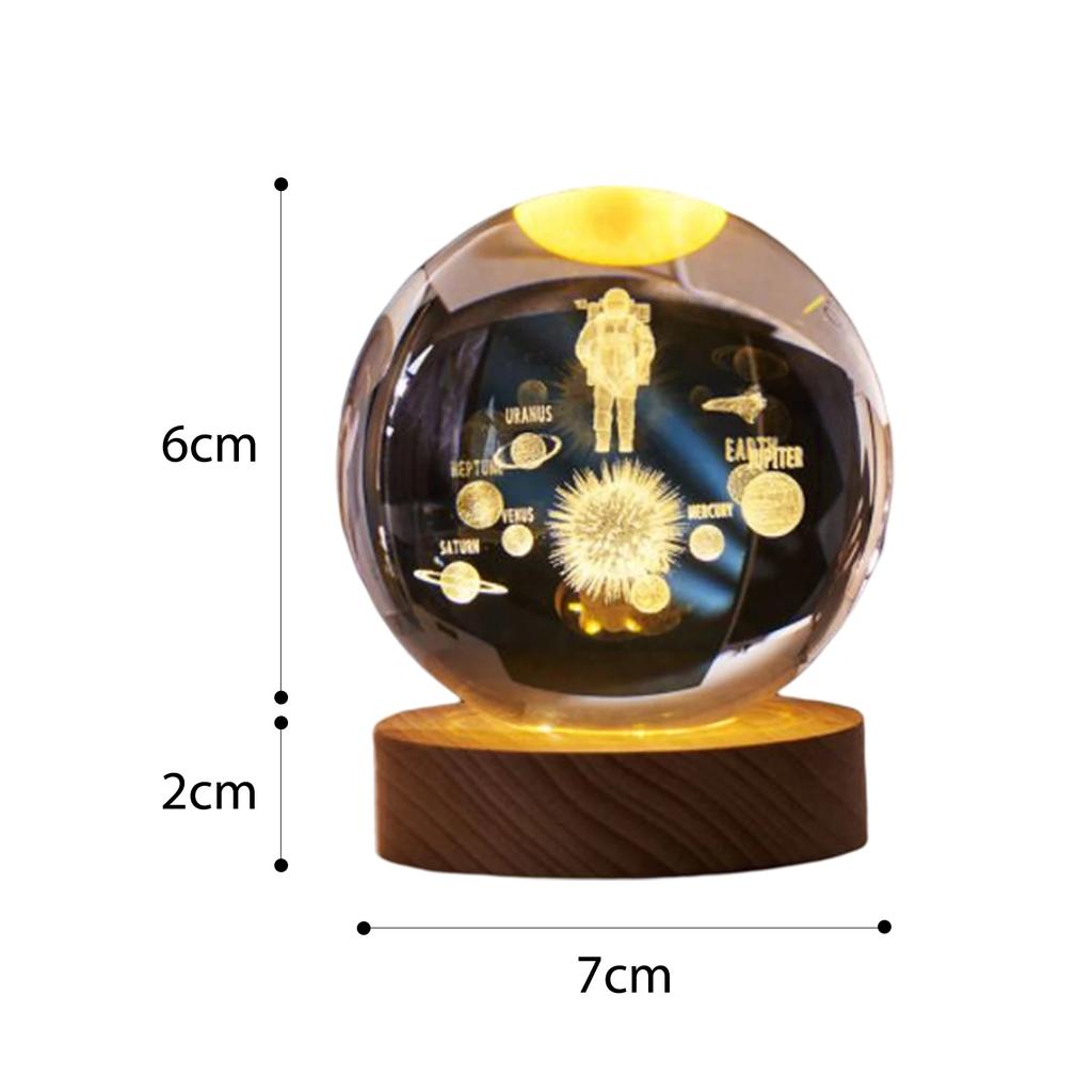 Crystal Ball Night Light Crystal Ball Lamp 3D Engraved Milky Way System Crystal Ball with Wooden Base USB Charging Gift for Kids