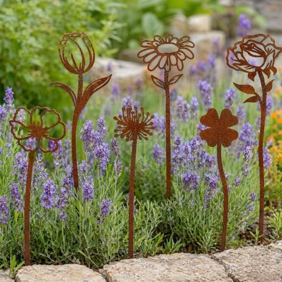 1 Набор Ржавых Колышков для Цветочного Сада, Металлические Вырезанные Украшения Роза Тюльпан, Силуэты Цветочных Растений Колышки для Садовой Клумбы Цветочного Горшка Кашпо Газона
