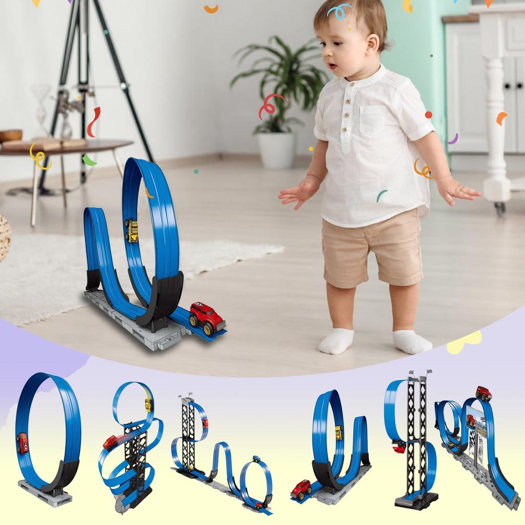 FlexTrack Flexible Race Car Track For Kids Inertial Suspension Non-derailment Anti-gravity Magnetic Railcar172in,90in,33in Long Rolls Up Portable