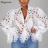 Hollow Out Lace White Shirt Lantern Sleeve Stand Collar Sexy White Blouse Female Elegant Red Pink Casual Shirts Loose Tops 18939