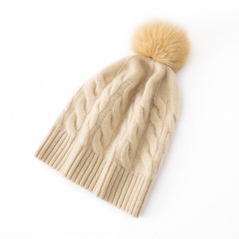 Women's 100% Cashmere Pom-Pom Hat - Three-Strand Winter Knit, Versatile Cable, Warm Ear Protection