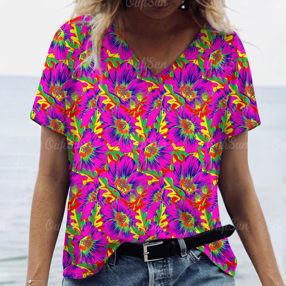 2025 Летние футболки с V-образным вырезом и ярким принтом для женщин, 3D цветочная эстетика, повседневные топы оверсайз, модный Харадзюку