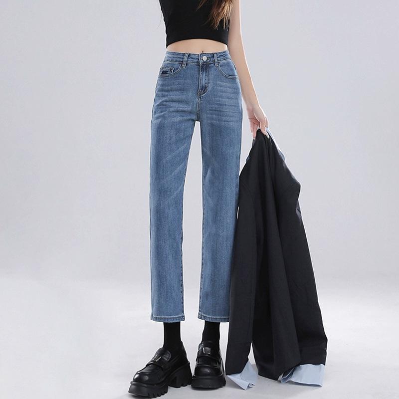 Elastic straight jeans contrasting pocket design leather brand high waist nine points pear shape slim commuter pipe pants children