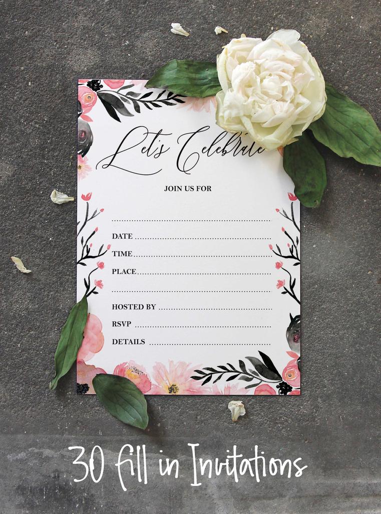 Inkdotpot Набор из 30 приглашений с конвертами, Румяно-цветочные приглашения для вашей свадьбы, девичника, детского праздника