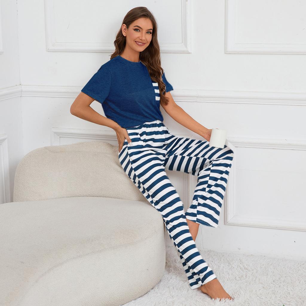 YYFS Женские модные повседневные летние весенние полосатые брюки с коротким рукавом и круглым вырезом, костюмы