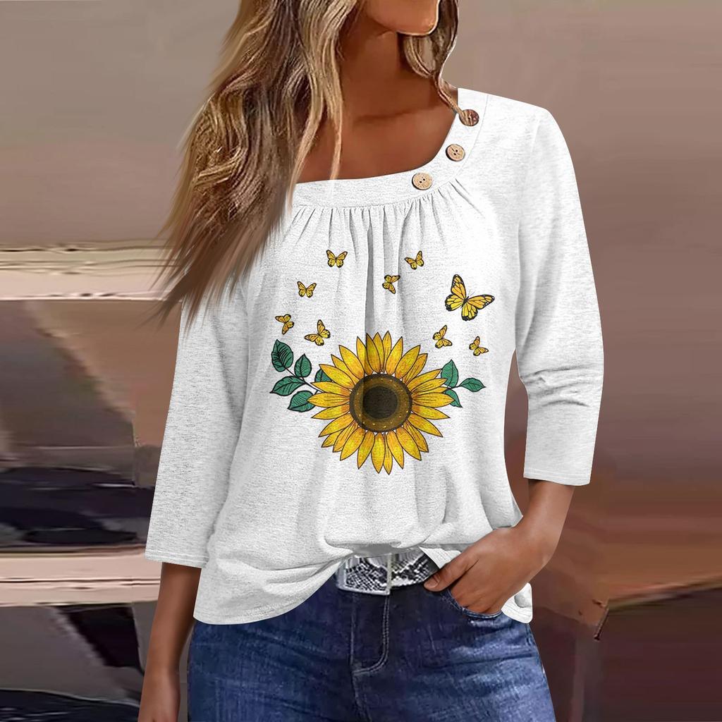 Жен. Футболка Футболка С принтом Пуговицы Рукав 3/4 Повседневные Выходные Мода Классический Классический Верх