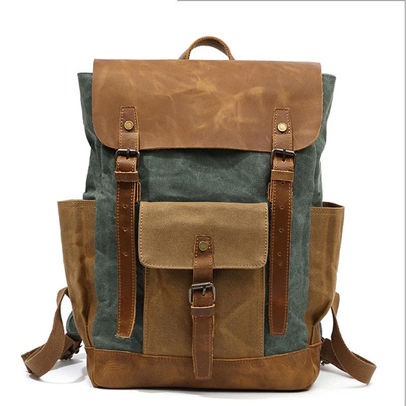 Men Backpack Travel Waterproof Computer Laptop Bag Vintage Oil Wax Canvas Backpacks Leather Male Backpack School Bag