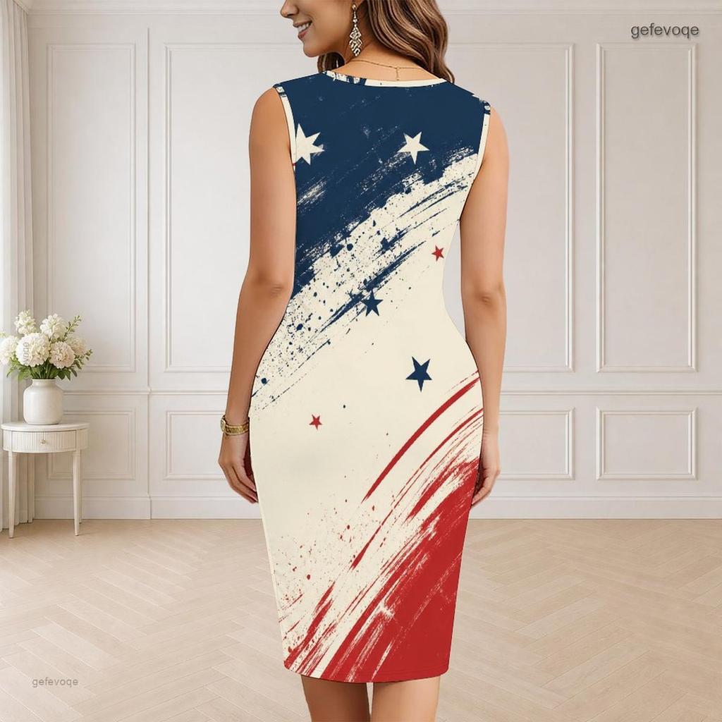 Women Plus Size V Neck Sleeveless Eagle Star Printed Bodycon Midi Dress