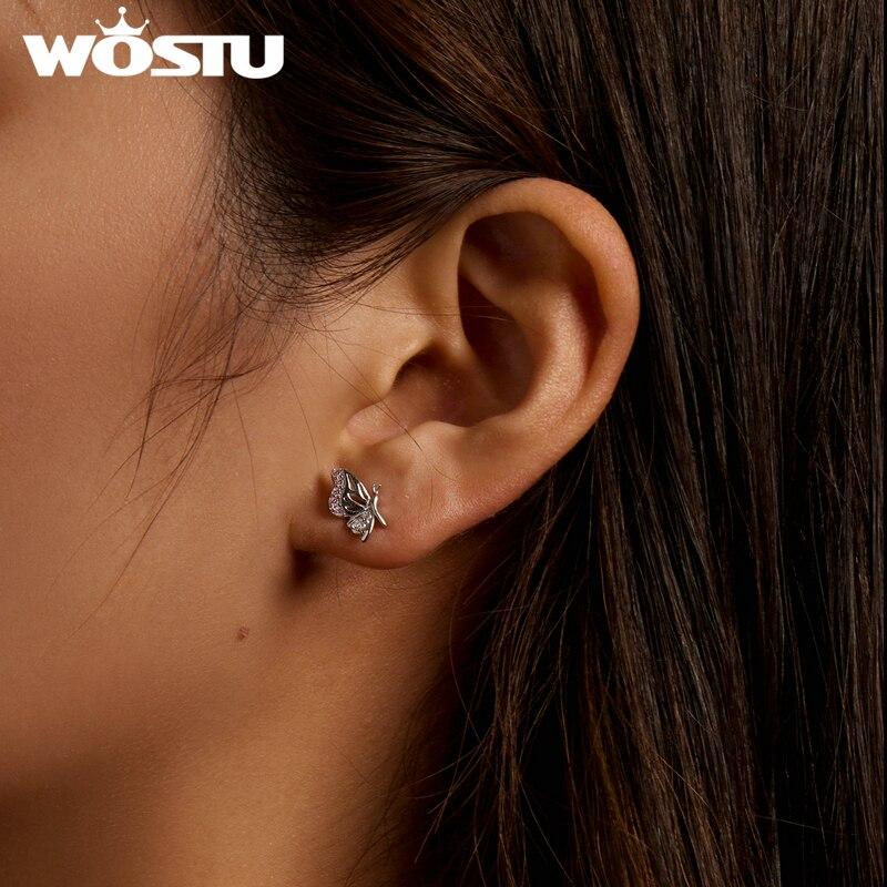 WOSTU Сверкающее серебро 925 пробы, сверкающие нежные серьги-гвоздики с бабочкой и цирконом для женщин, модные вечерние ювелирные изделия, подарок