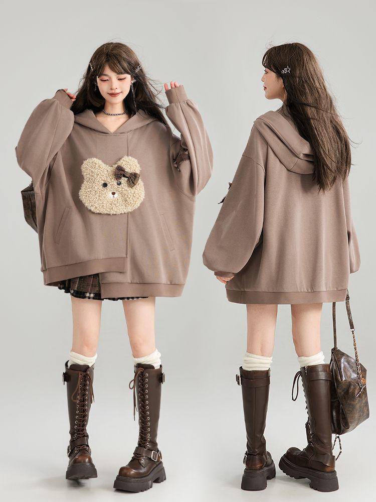 Женский пуловер из чистого хлопка с милым медведем, осень-зима, новый повседневный плюшевый свободный асимметричный свитшот с капюшоном, женский топ