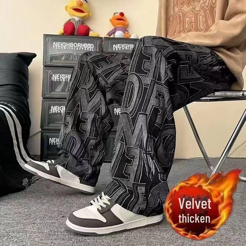 Мужские вельветовые брюки с принтом и широкими штанинами — модный повседневный стиль Гонконга