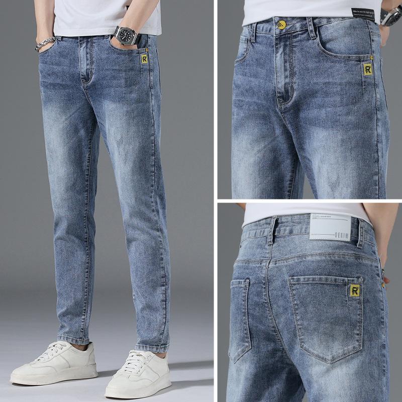 Летние мужские джинсы, тонкие маленькие прямые брюки, мужские эластичные длинные брюки