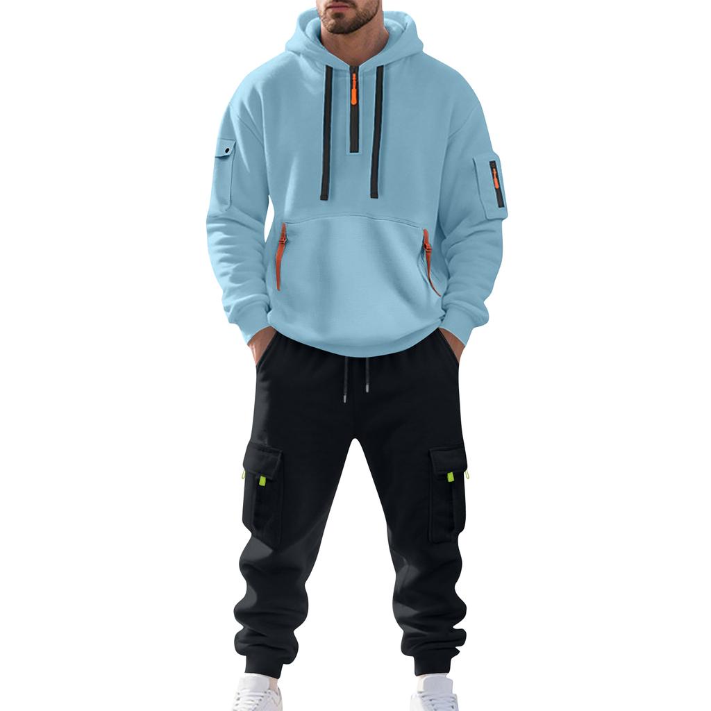 Men's Solid Color Casual Suit Loose Sports Hooded Sweatshirt With Pockets Multi Pocket Overalls Suit