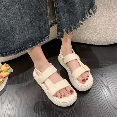 Летние сандалии на плоской подошве с толстой подошвой, корейские повседневные сандалии с круглым носком и липучкой, женские туфли-хлеб для женщин