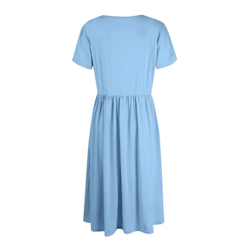 Женское повседневное однотонное платье с круглым вырезом и лепестками, с короткими рукавами, карманом и эластичной резинкой на талии