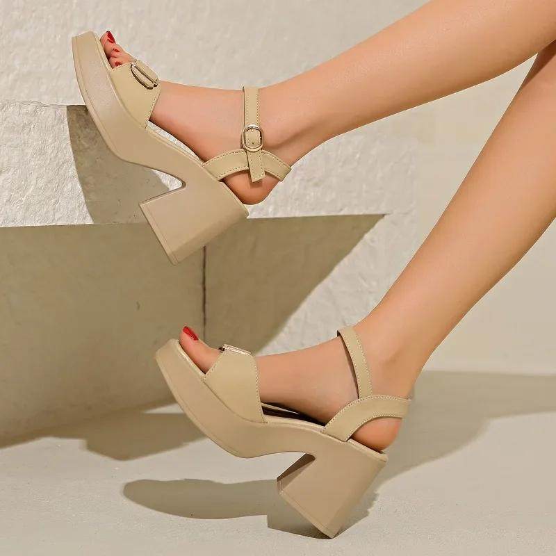 High-heeled Women Sandals 2024 Summer Square Toe Belt Buckle Sandalias Platform Women Shoes Peep Toe Casual Solid Sandales Femme