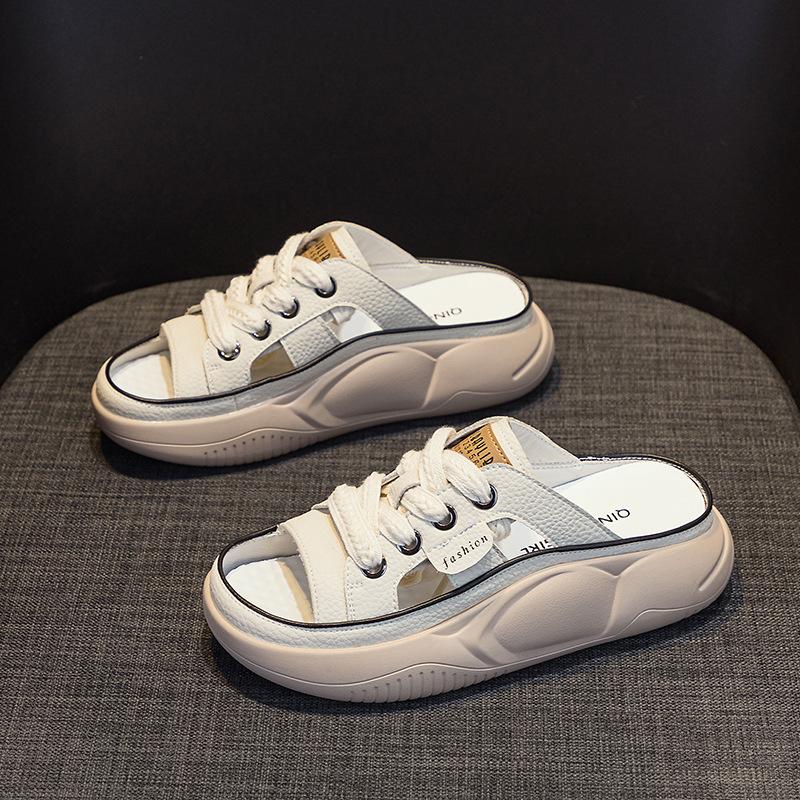 Шлепанцы из натуральной кожи Женские Ажурные Мюли Летние С открытым носком Дышащие Повседневные Туфли Клинья Платформа Кроссовки на шнуровке