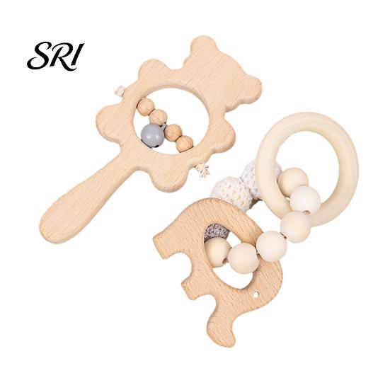 Beech Wood Baby Toy 1 Pair Wooden Rattle with Bell Beads Hedgehog Rabbit Elephant Bird Bead Teething Grip Ring Newborn Boys Girls Early Education