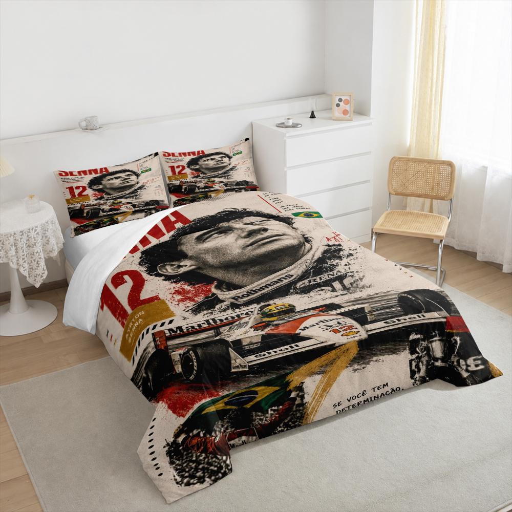 Ayrton Senna Vintage Collage Poster 12 Bedding set (1 duvet cover, 2 pillowcases, duvet not included), Retro F1 Champion Tribute Art Print