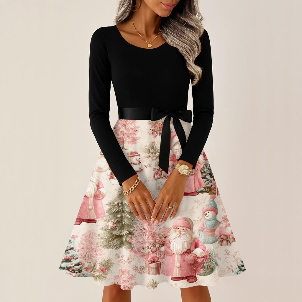 Женские повседневные модные платья с круглым вырезом, длинным рукавом, рождественским принтом, для вечеринки, винтажные длинные платья