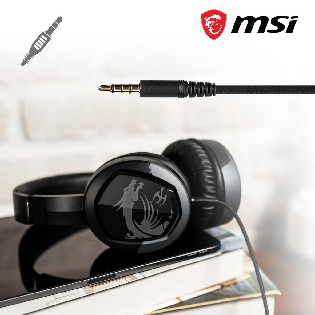 MSI IMMERSE GH30 V2 Gaming with Iconic MSI Dragon Wired Splitter 40mm Detachable and Easy Folding Design Headset, Black, Logo, In-Line Audio,
