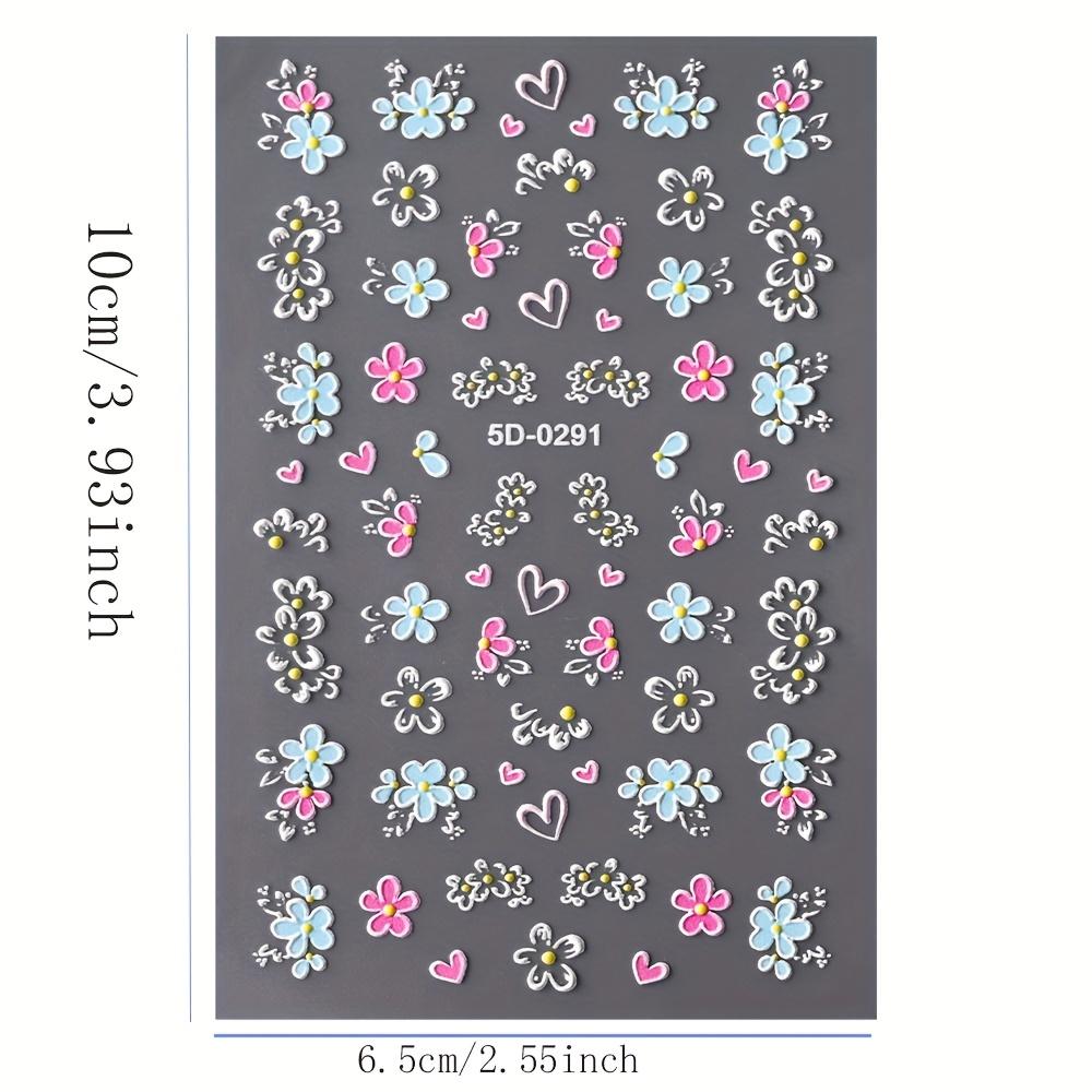 1PC 5D Floral Nail Stickers, Pink Blue Flower Butterfly Heart French Line, Spring Acrylic Decals Slider for Manicure Gift