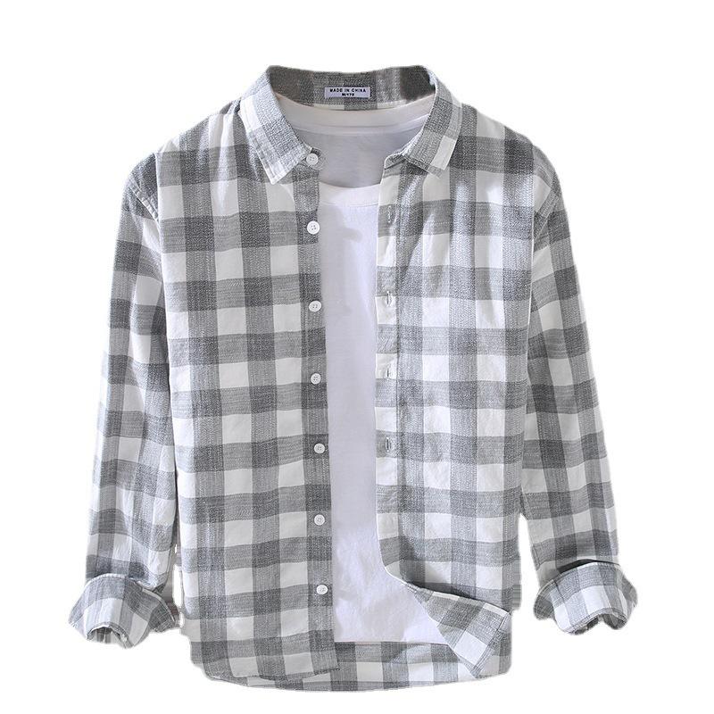 913 S/S Fresh Plaid Long Sleeve Shirt - Men's Casual Loose Fit Square Collar